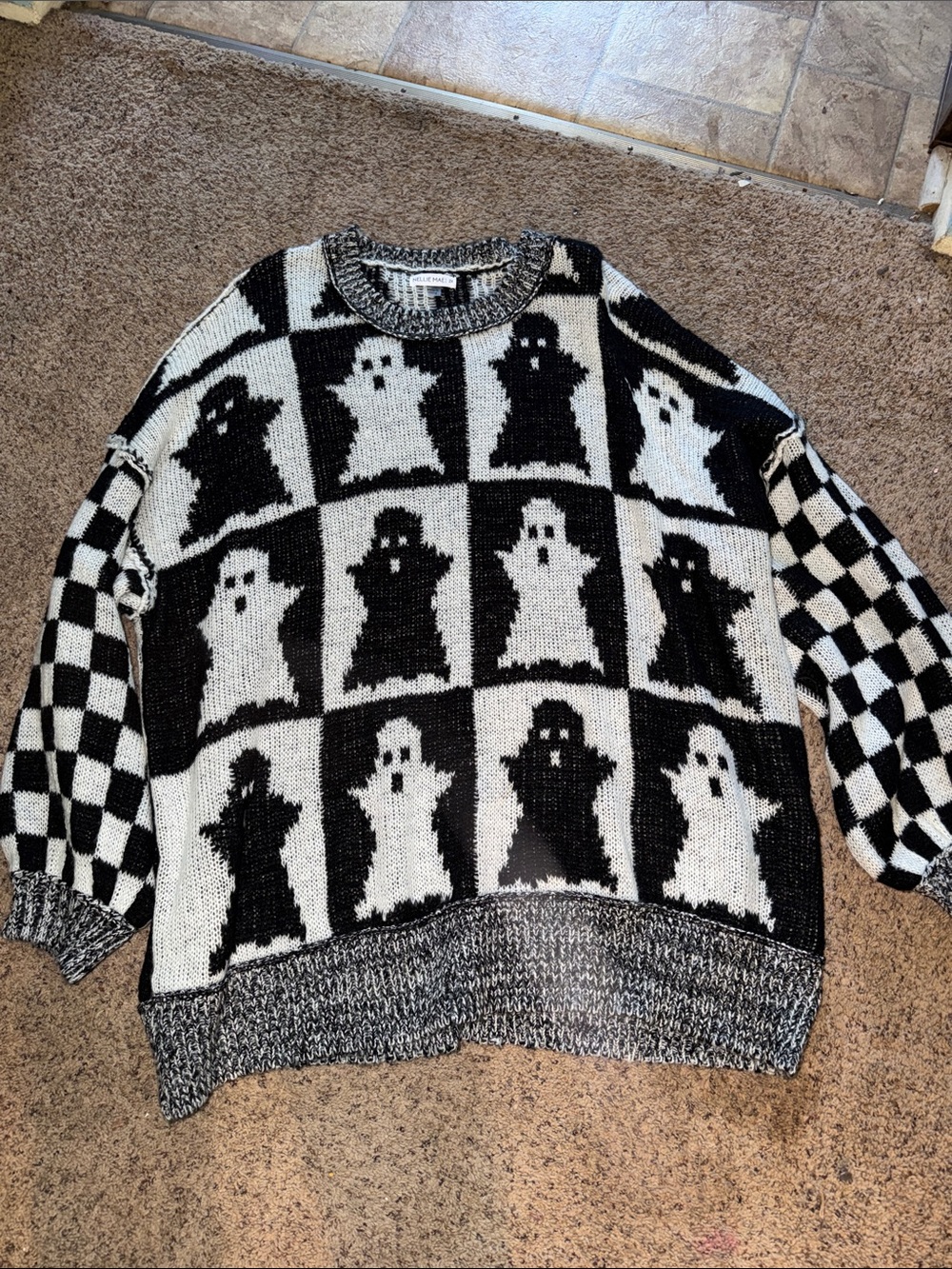 Black & White Ghost Checkerboard Crewneck Sweater